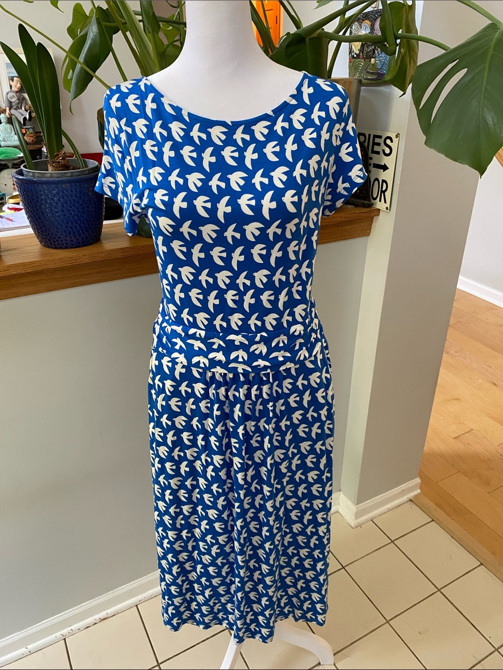 Boden Amelie Blue and White Bird-Print Midi jersey knit Dress pockets pullover